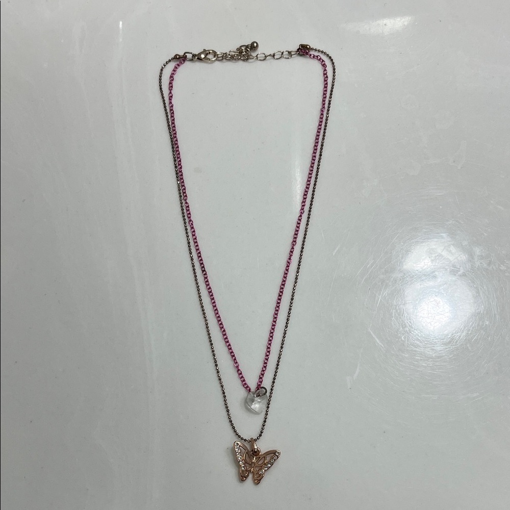 Pink and Silver Butterfly Pendant Necklace